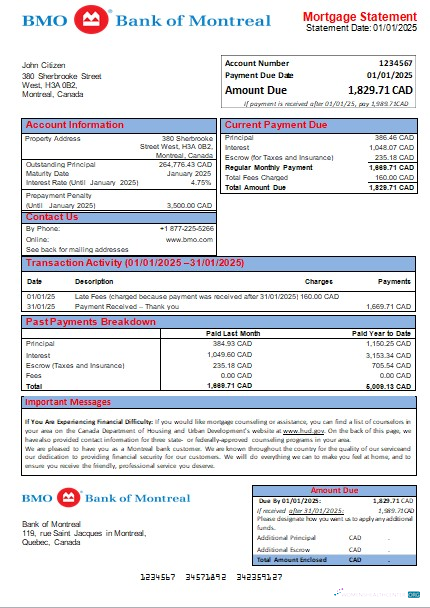 Download Canada Bank of Montreal bank mortgage statement scr Photoshop template